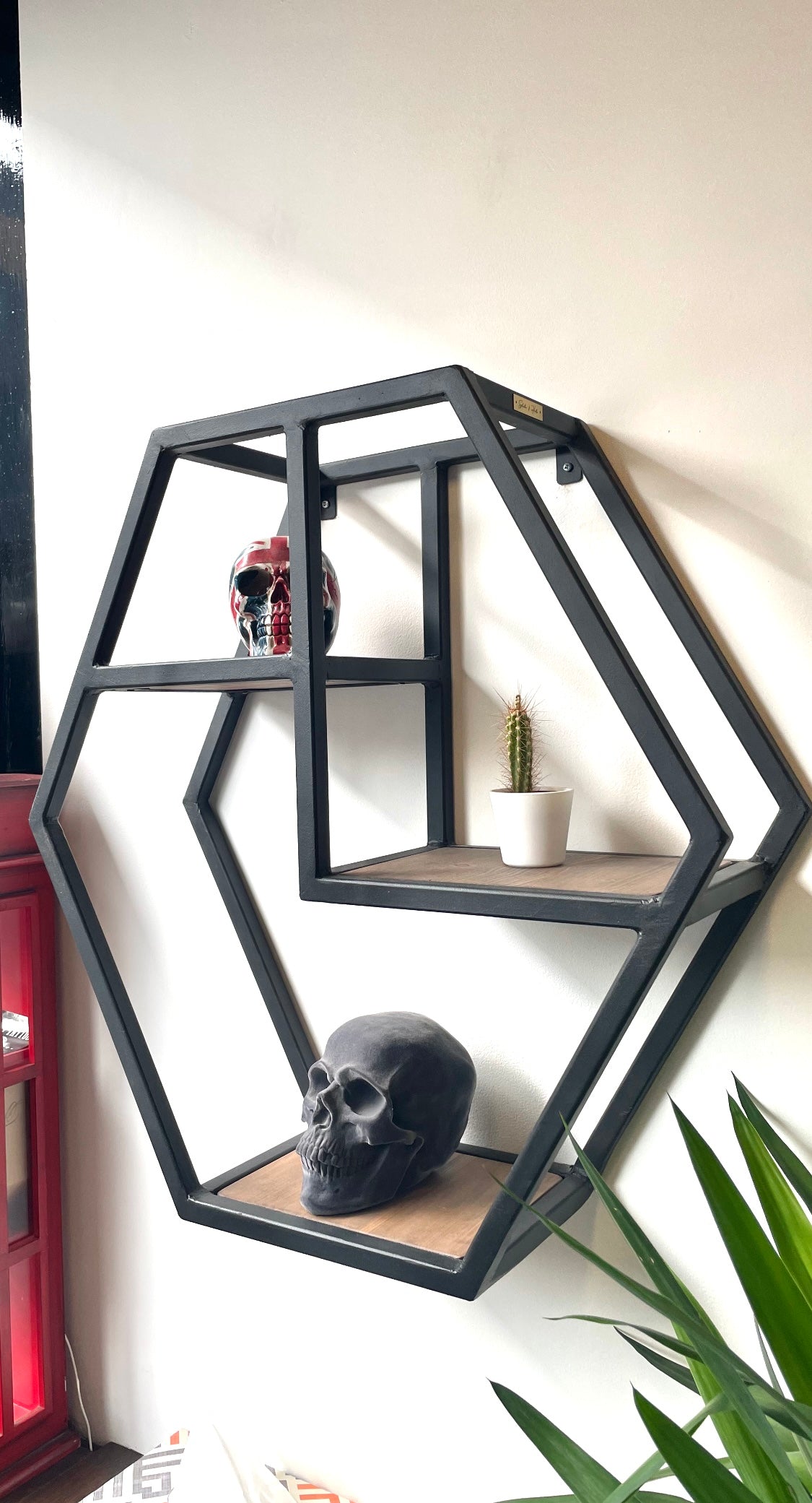 Geometric Industrial Metal & Wood Shelving Unit