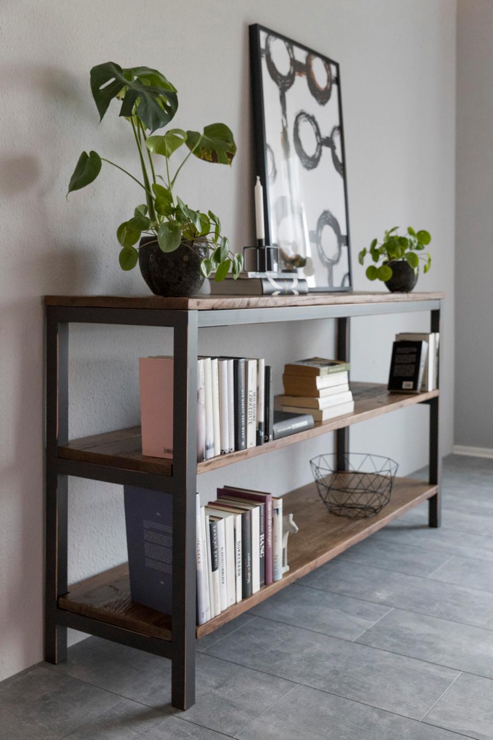 Vintage solid Wood & Steel bookcase 1700x450x920mm